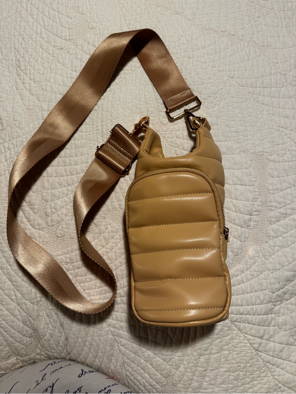 Quilted Tan Crossbody Phone Bag with Wide Strap